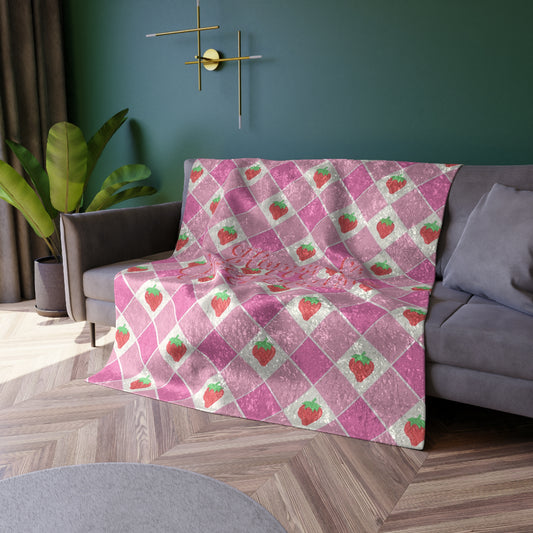 Pink Strawberry Gingham | Crushed Velvet Throw Blanket