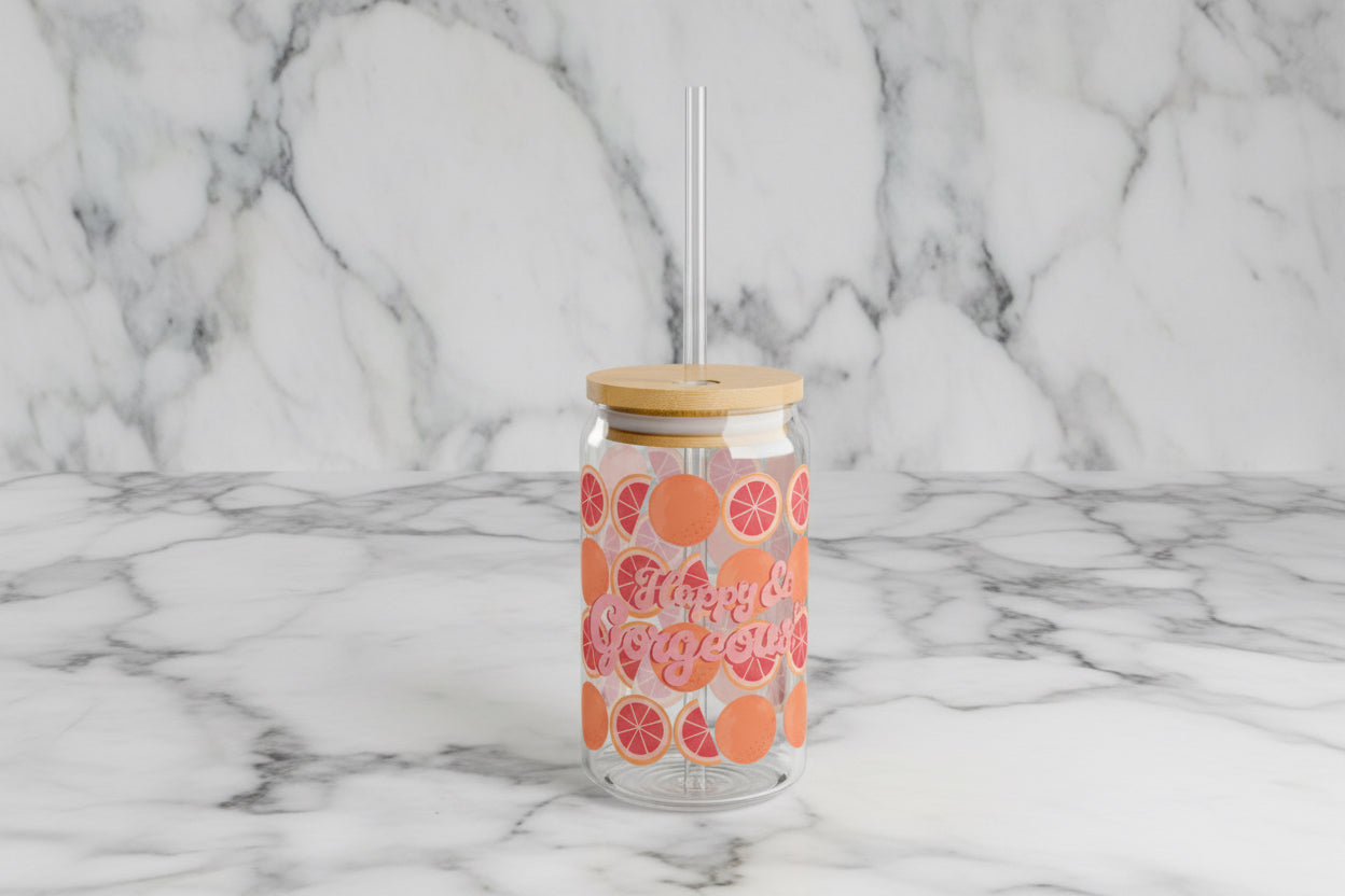 Pink Grateful Grapefruits | 16oz, Glass Tumbler & Straw