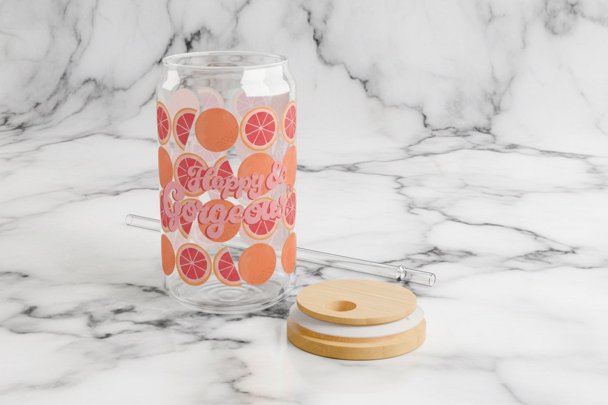 Pink Grateful Grapefruits | 16oz, Glass Tumbler & Straw